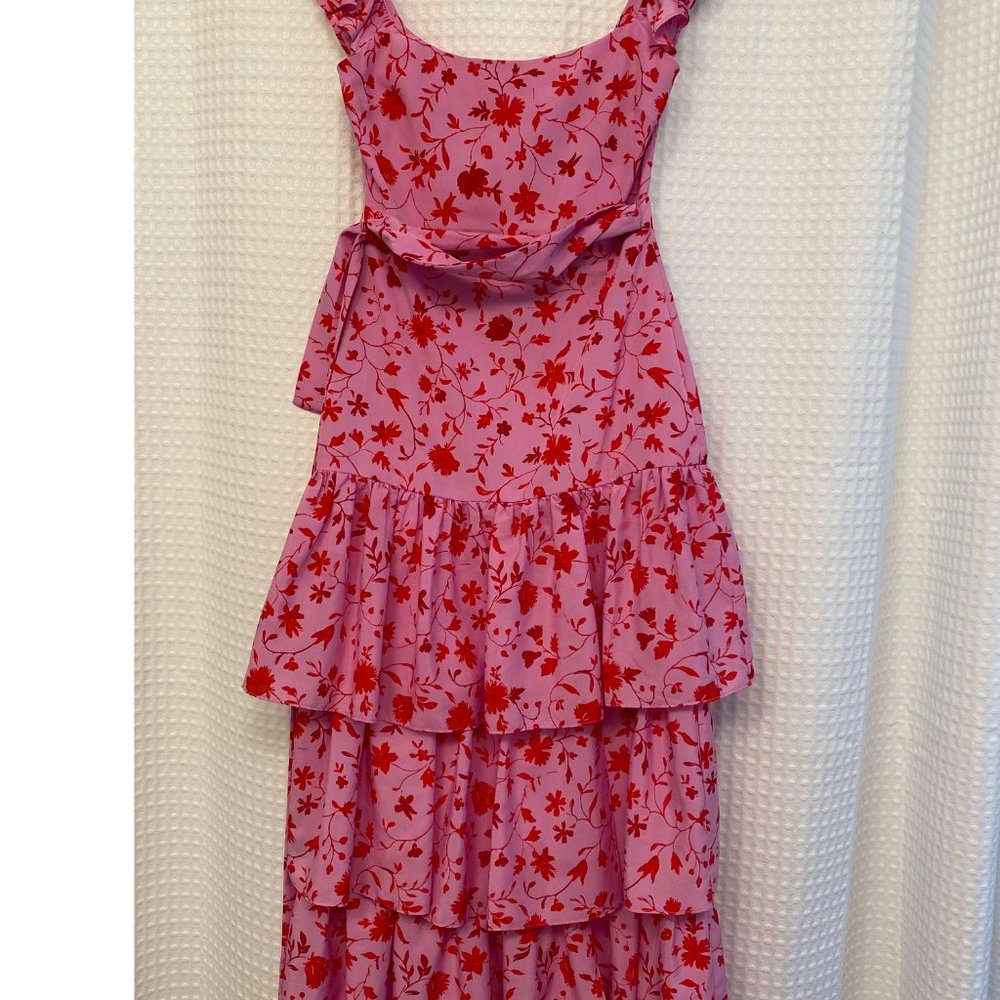 Likely Charlotte Floral Midi Dress Size 0 | Pink Red Ruffle Tiered | Revolve - Picture 4 of 7